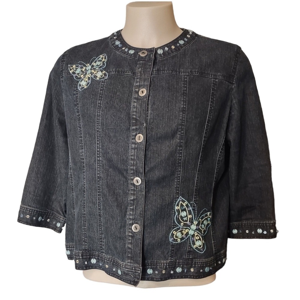 Alfred Dunner Denim Jacket Petite Womens Fairy Core Boho Black Butterfly Y2K 3/4